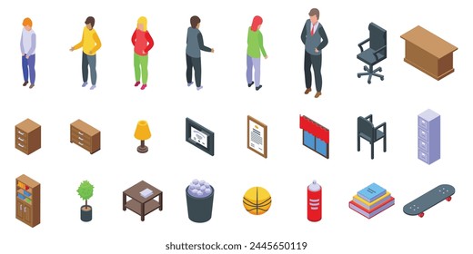 School principal office room icons set isometric vector. Director furniture. Education control