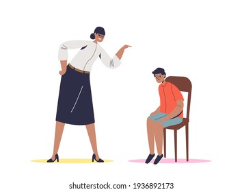 School principal scolding schoolboy. Strict female teacher or headmaster talking to guilty boy. Teacher bullying kid. Cartoon flat vector illustration