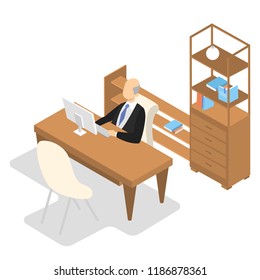 School Principal In Suit Sitting In His Office And Working. Director At The Table. Education And Knowledge Concept. Isolated Vector Isometric Illustration