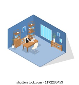 School principal in suit sitting in his office and working. Director at the table. Education and knowledge concept. Office interior. Isolated vector isometric illustration