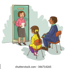 School principal talking to father and new student girl. Great illustration for a school books and more. VECTOR. Editorial. Education. Advertising. Board.