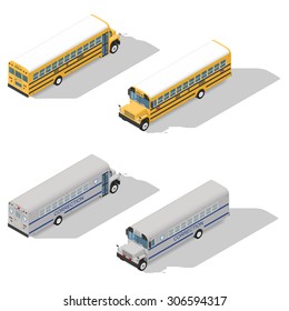 School and prison buses isometric detailed icon set vector graphic illustration