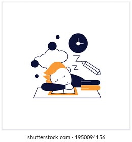 School procrastinating flat icon.Unnecessarily postpone dealing tasks. Sleep at lesson. Tired person.Overload concept. Vector illustration