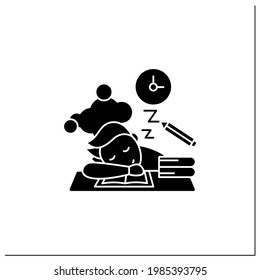 School procrastinating glyph icon.Unnecessarily postpone dealing tasks. Sleep at lesson. Tired person.Overload concept.Filled flat sign. Isolated silhouette vector illustration