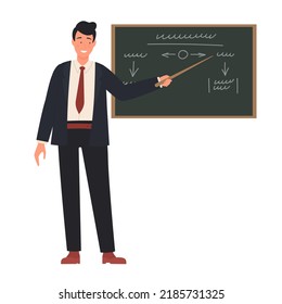 School professor teaching at chalkboard. Teacher giving lesson vector illustration