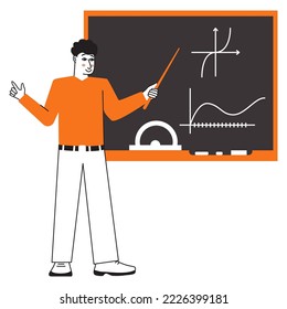 School professor teaching explaining. Man teacher standing at class blackboard.School teacher.Young male teacher on lesson.Lecture concept.  Educational process at university.Teacher of geometry.