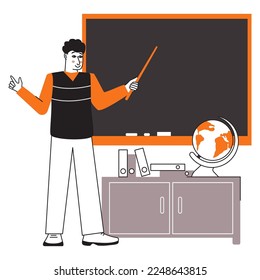 School professor teaching geography. Man teacher standing at class blackboard.School teacher.Young male teacher on lesson.Lecture concept.  Educational process at university.