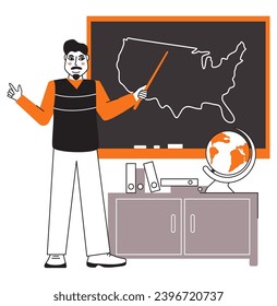 School professor teaching geography. Man teacher standing at class blackboard.School teacher.Young male teacher on lesson.Lecture concept. Educational process at university.Map of the Usa