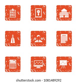 School progress icons set. Grunge set of 9 school progress vector icons for web isolated on white background