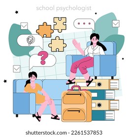 School psychologist concept. Mental health diagnostic. Doctor treating student mind. Psychological test, thoughts and emotions analysis. Flat vector illustration