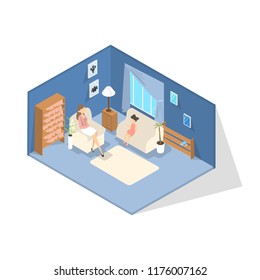 School psychologist talking with a kid in office. Child with education, family or social problem. Isolated vector isometric illustration