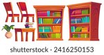 School public library or bookshop interior furniture cartoon vector set. Wooden cabinet with paper book rows on shelves, desk with stack of literature, chairs and plant in pot. Information storage.
