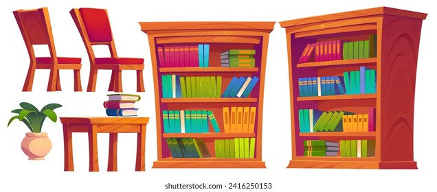 School public library or bookshop interior furniture cartoon vector set. Wooden cabinet with paper book rows on shelves, desk with stack of literature, chairs and plant in pot. Information storage.