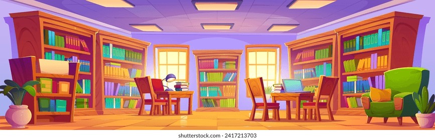 School public library or bookshop interior with wooden cabinet with paper book rows on shelves, desk with stack of literature and lamp, chairs and armchair, flower in pot. Cartoon vector illustration.