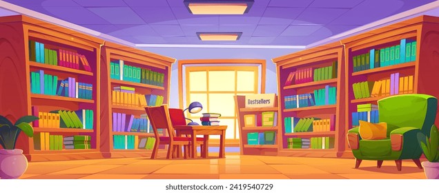 School public library or bookshop interior with wooden cabinet with paper book rows on shelves, desk with stack of literature and lamp, chairs and armchair, flower in pot. Cartoon vector illustration.