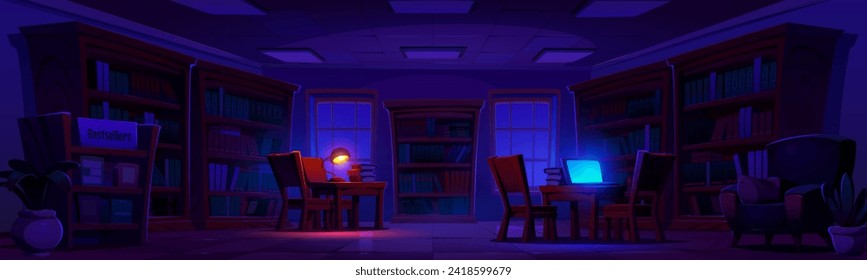 School or public library interior at night. Cartoon vector dark literature storage or shop with wooden cabinet, book rows on shelves, desk with lightening lamp and laptop, chairs and armchair.