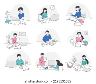 School Pupil Doing Homework Sitting at Desk with Book and Copybook and Studying Vector Set