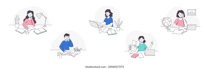 School Pupil Doing Homework Sitting at Desk with Book and Copybook Studying Vector Set