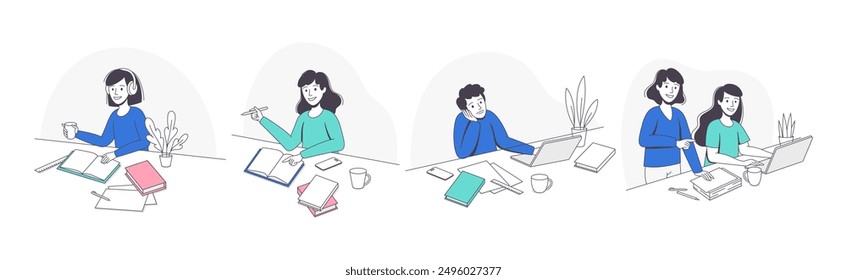 School Pupil Doing Homework Sitting at Desk with Book and Copybook Studying Vector Set