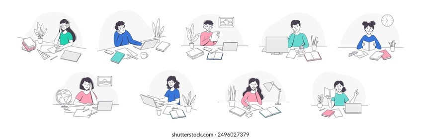 School Pupil Doing Homework Sitting at Desk with Book and Copybook Studying Vector Set