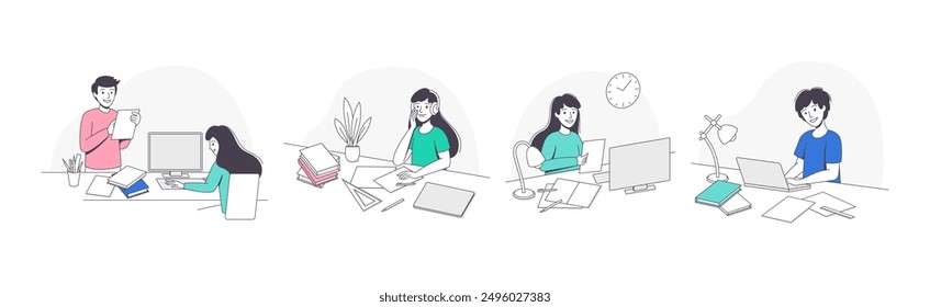 School Pupil Doing Homework Sitting at Desk with Book and Copybook Studying Vector Set