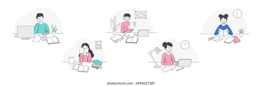 School Pupil Doing Homework Sitting at Desk with Book and Copybook Studying Vector Set