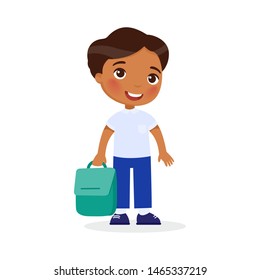 School pupil, happy student flat vector illustration. Child holding backpack in arm isolated cartoon character. Elementary schoolboy going to lesson. Cheerful african american boy. Back to school