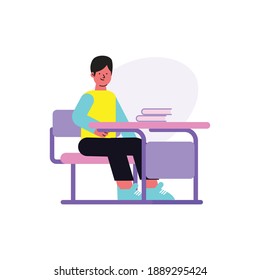 School pupil sitting at desk flat vector illustration