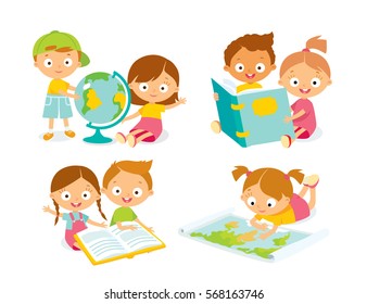 School pupils with books, map and globe earth