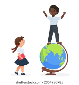 School pupils with earth globe. Geography lesson school cartoon vector illustration