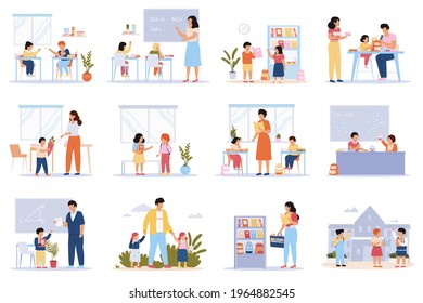 School pupils. Students in classroom, pupils prepare to knowledge, study at school, prepare homework vector illustration set. School education. Education student in classroom, study in school class