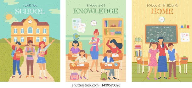 School pupils with teacher, female with kid in room, blackboard with info, school yard and happy children with satchels and backpacks, classes set, education concept. Back to school. I love you school