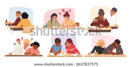 School pupils and university students characters cheating on test exam lesson copying classmate answers demonstrating miserable behavior action vector illustration scene set isolated on white
