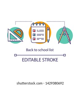 School purchases list concept icon. Planning schoolchildren shopping. Buying school equipment, accessories. Notebook checklist thin line illustration. Vector isolated outline drawing. Editable stroke
