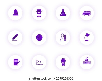 school purple color vector icons on light round buttons with purple shadow. school icon set for web, mobile apps, ui design and print