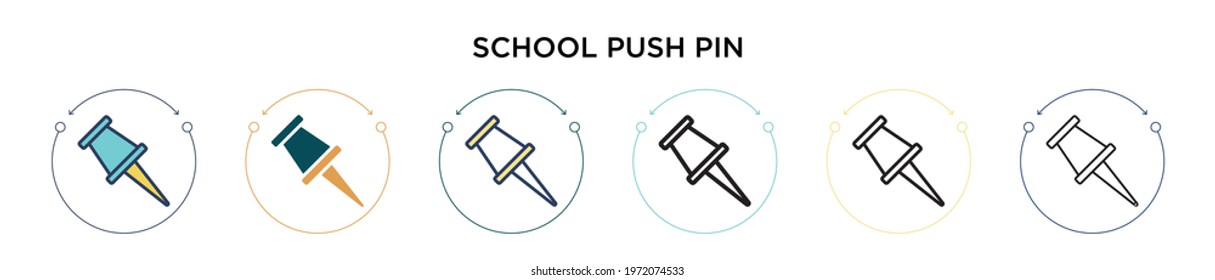 School push pin icon in filled, thin line, outline and stroke style. Vector illustration of two colored and black school push pin vector icons designs can be used for mobile, ui, web