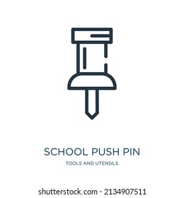 school push pin thin line icon. pinned, pin linear icons from tools and utensils concept isolated outline sign. Vector illustration symbol element for web design and apps.
