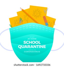 School quarantine during the coronavirus epidemic. Home training in the wake of the Covid-19 pandemic in the world. Vector illustration with a protective mask and school office.