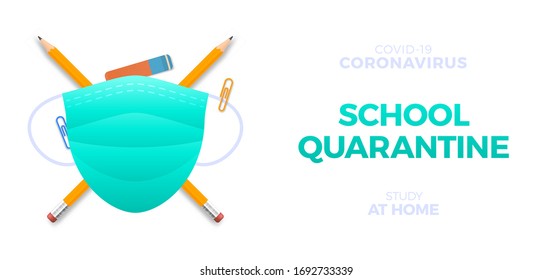 School quarantine during the coronavirus epidemic. Home training in the wake of the Covid-19 pandemic in the world. Vector illustration with a protective mask and school office.