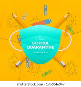 School quarantine during the coronavirus epidemic. Home training in the wake of the Covid-19 pandemic in the world. Vector illustration with a protective mask and school office.