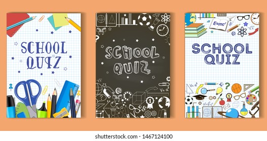 School quiz poster template set. Vector illustration of stationery and other school items with hand lettering on exercise book sheet and chalkboard background.