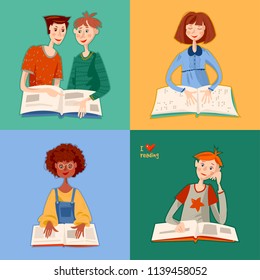 School Reading Club. Girls And Boys Reading Books. Blind Girl Reads A Book In Braille. Literacy Day. Vector Illustration