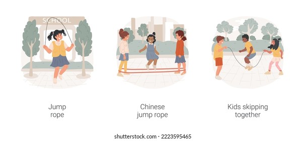 School Recess Outdoor Activities Isolated Cartoon Vector Illustration Set. Jump Rope, Chinese Jump Rope, Kids Skipping Together, Kids Having Fun, Elementary Student Free Time Vector Cartoon.