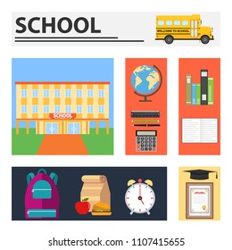 School. Rectangular banners with school supplies. Flat design, vector illustration, vector.
