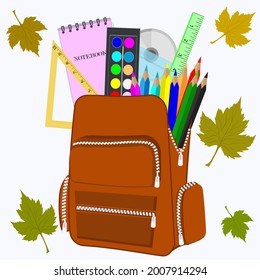 School red backpack, notebook, paints, disk, triangle, pencils, autumn leaves - isolated on white background - vector. Back to school. Sale of school supplies.