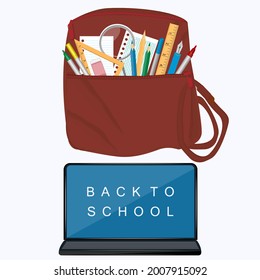 School red briefcase, magnifying glass, triangle, pencils, notebook - isolated on white background - vector. Back to school. Sale of school supplies.