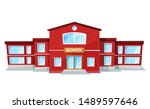 School in red color, educational architecture with big windows. Exterior of studying construction, schoolhouse object, front view of learning building. Vector illustration in flat cartoon style