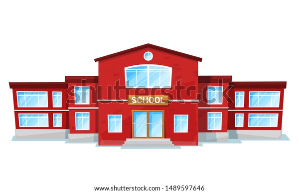 School in red color, educational architecture with\
big windows. Exterior of studying construction, schoolhouse object,\
front view of learning building. Vector illustration in flat\
cartoon style