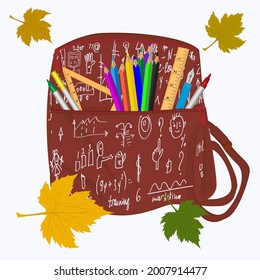 Cartera roja escolar con garabatos, triángulo, lápices, hojas de otoño - aisladas en fondo blanco - vector. De vuelta a la escuela. Venta de material escolar.