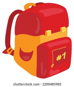 School red and yellow backpack for Elementary School. Hand drawn vector illustration. Suitable for website, postcards, stickers.